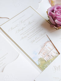 Luxury Watercolour Villa Cora Pocket with Letterpress and Deckled Edge Envelope | Bespoke Commission for S&S
