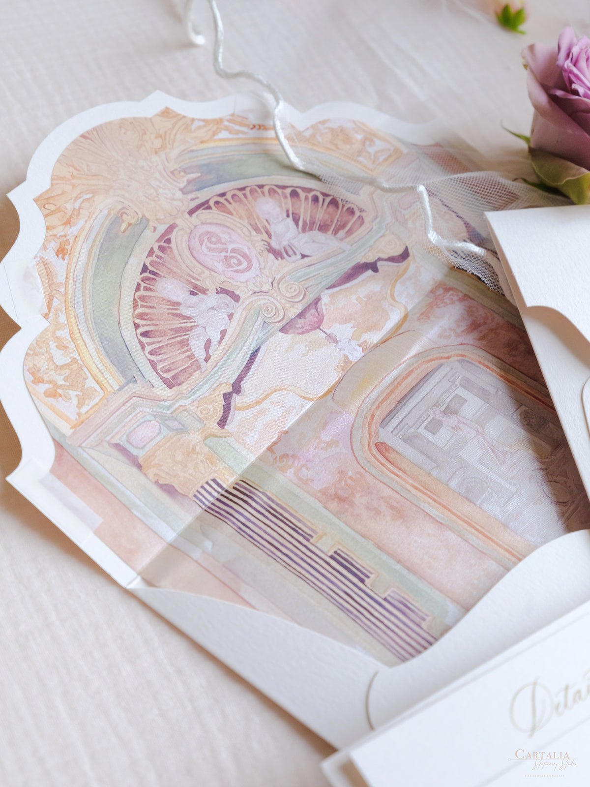 Luxury Watercolour Villa Cora Pocket with Letterpress and Deckled Edge Envelope | Bespoke Commission for S&S