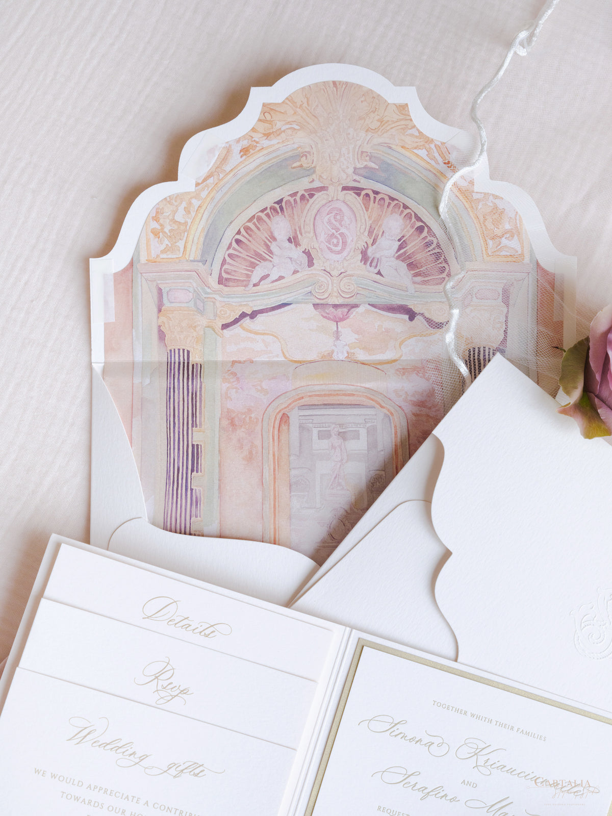 Luxury Watercolour Villa Cora Pocket with Letterpress and Deckled Edge Envelope | Bespoke Commission for S&S