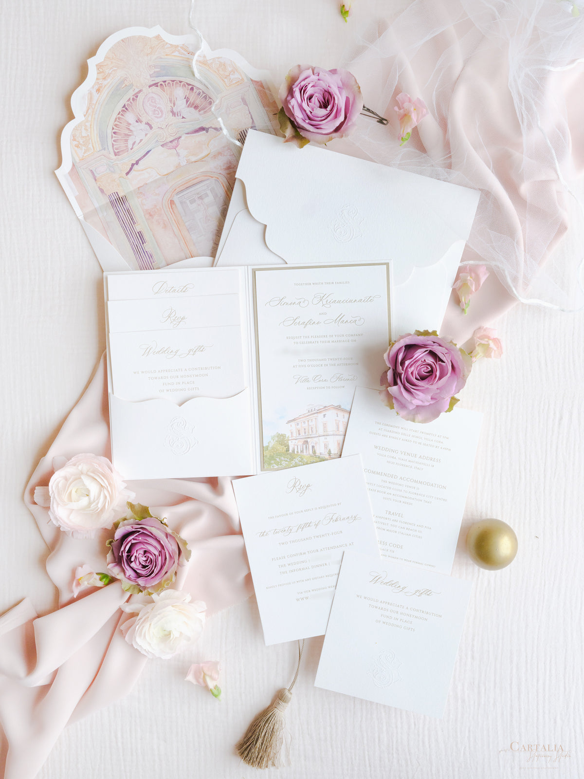 Luxury Watercolour Villa Cora Pocket with Letterpress and Deckled Edge Envelope | Bespoke Commission for S&S