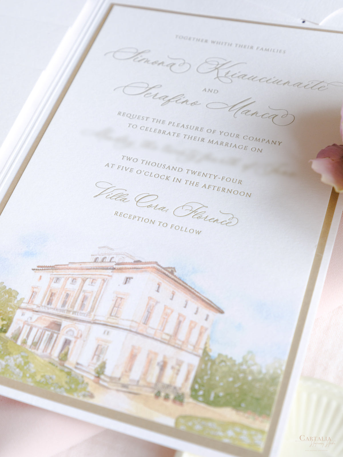 Luxury Watercolour Villa Cora Pocket with Letterpress and Deckled Edge Envelope | Bespoke Commission for S&S