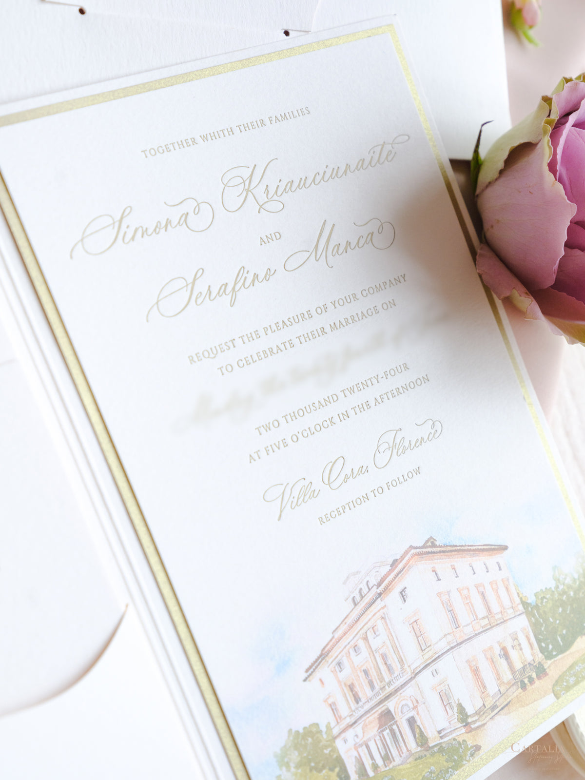Luxury Watercolour Villa Cora Pocket with Letterpress and Deckled Edge Envelope | Bespoke Commission for S&S