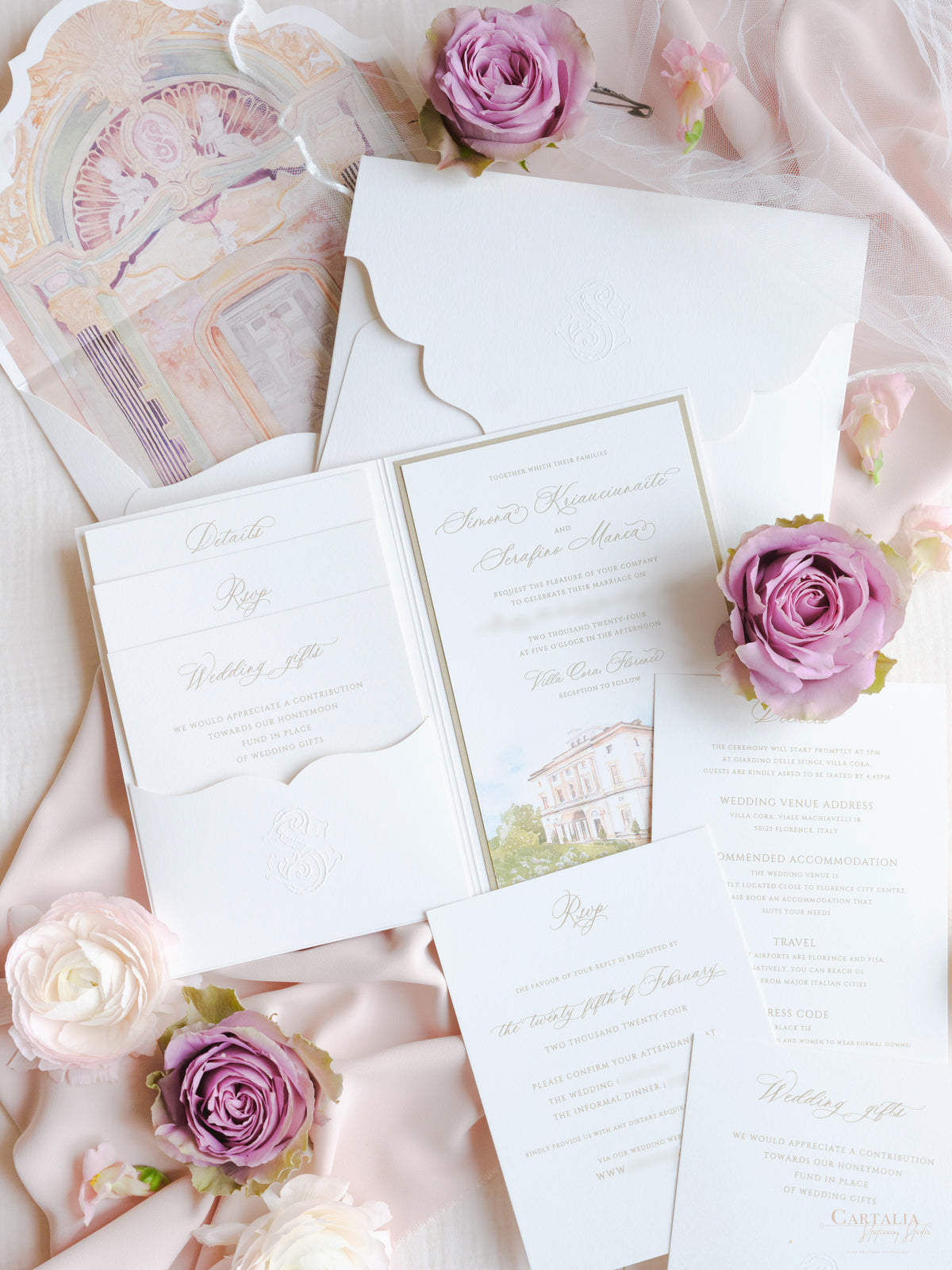 Luxury Watercolour Villa Cora Pocket with Letterpress and Deckled Edge Envelope | Bespoke Commission for S&S