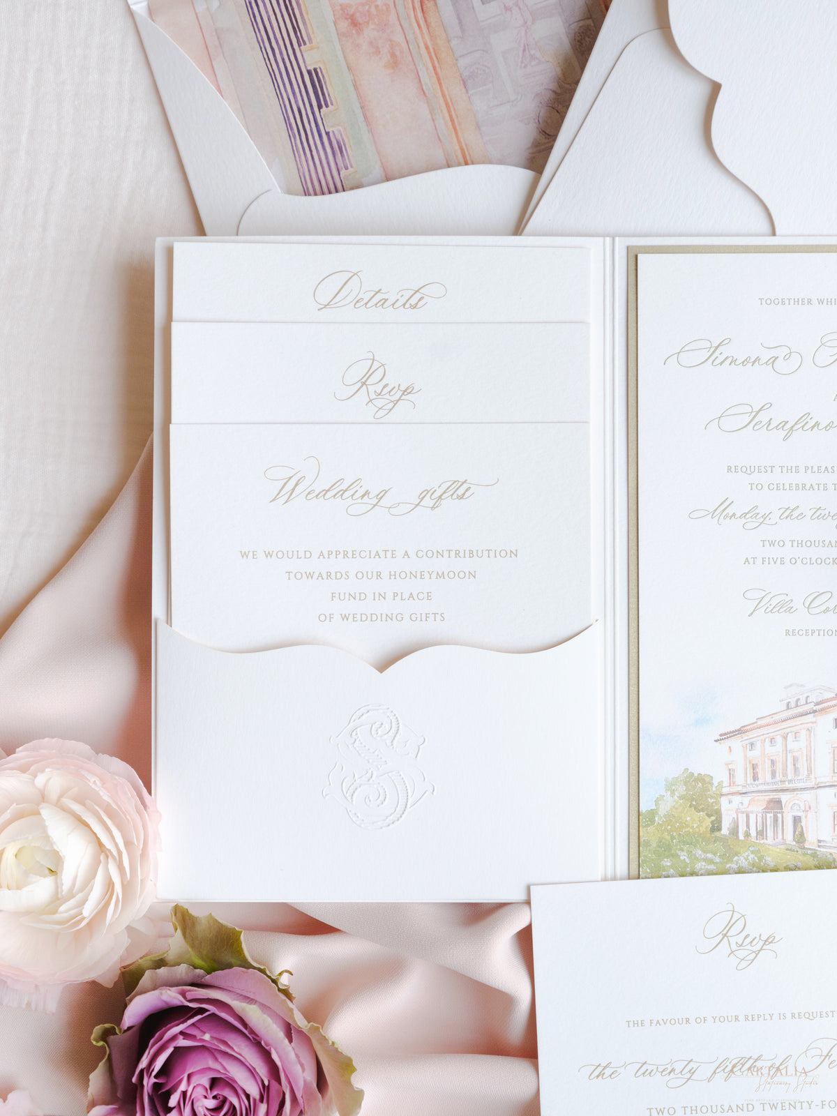 Luxury Watercolour Villa Cora Pocket with Letterpress and Deckled Edge Envelope | Bespoke Commission for S&S