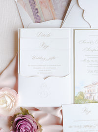 Luxury Watercolour Villa Cora Pocket with Letterpress and Deckled Edge Envelope | Bespoke Commission for S&S
