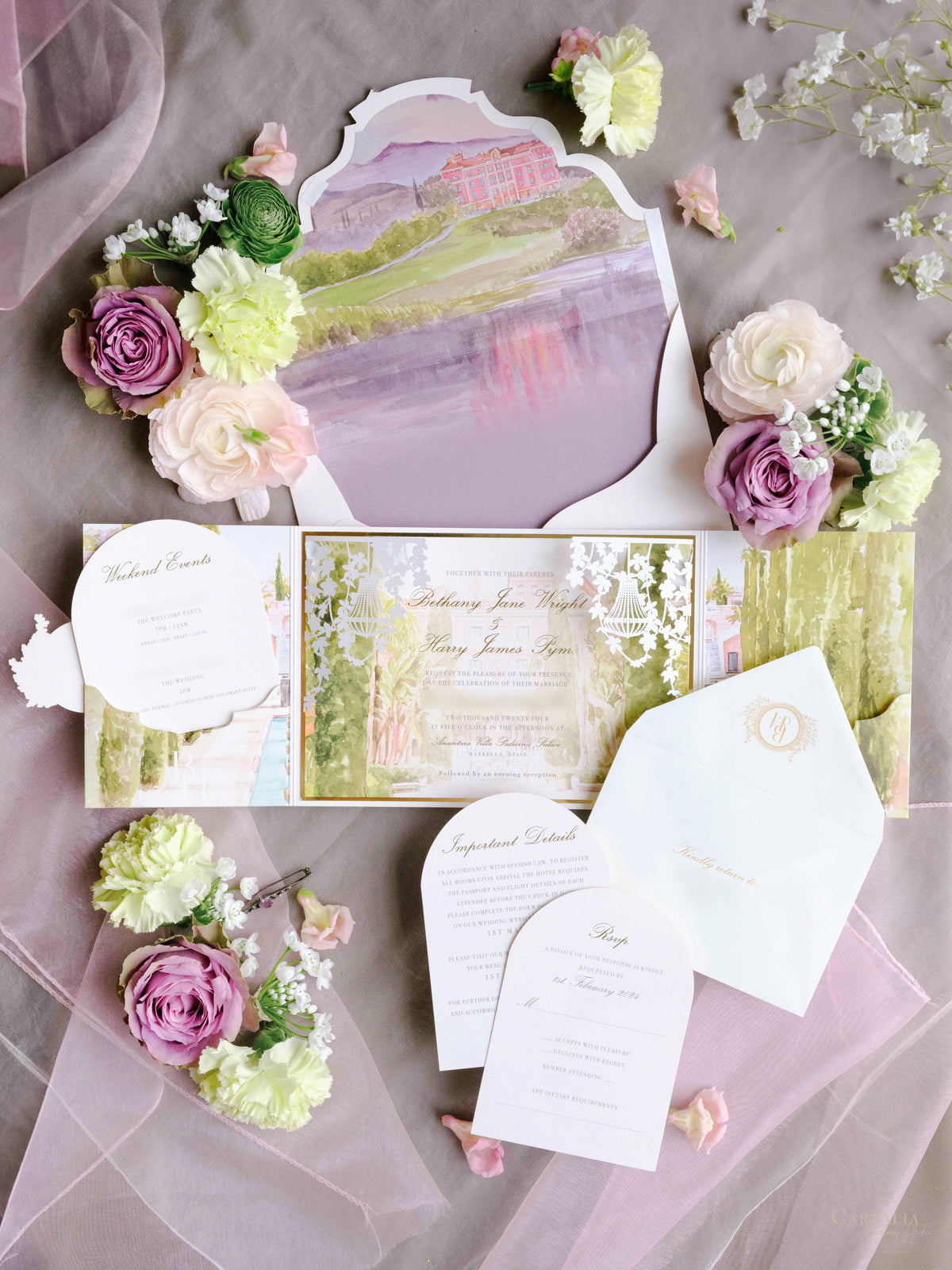 Luxury Wedding Invitation Suite with Watercolour Venue and Gold Foil | Villa Padierna Palace Marbella | Bespoke Commission for B&H