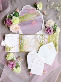 Luxury Wedding Invitation Suite with Watercolour Venue and Gold Foil | Villa Padierna Palace Marbella | Bespoke Commission for B&H