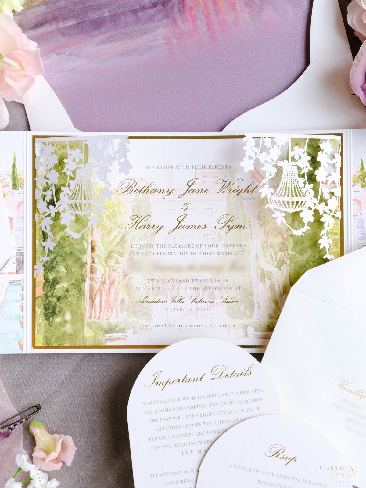 Luxury Wedding Invitation Suite with Watercolour Venue and Gold Foil | Villa Padierna Palace Marbella | Bespoke Commission for B&H