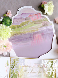 Luxury Wedding Invitation Suite with Watercolour Venue and Gold Foil | Villa Padierna Palace Marbella | Bespoke Commission for B&H