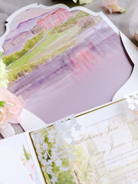 Luxury Wedding Invitation Suite with Watercolour Venue and Gold Foil | Villa Padierna Palace Marbella | Bespoke Commission for B&H