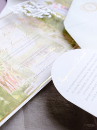 Luxury Wedding Invitation Suite with Watercolour Venue and Gold Foil | Villa Padierna Palace Marbella | Bespoke Commission for B&H