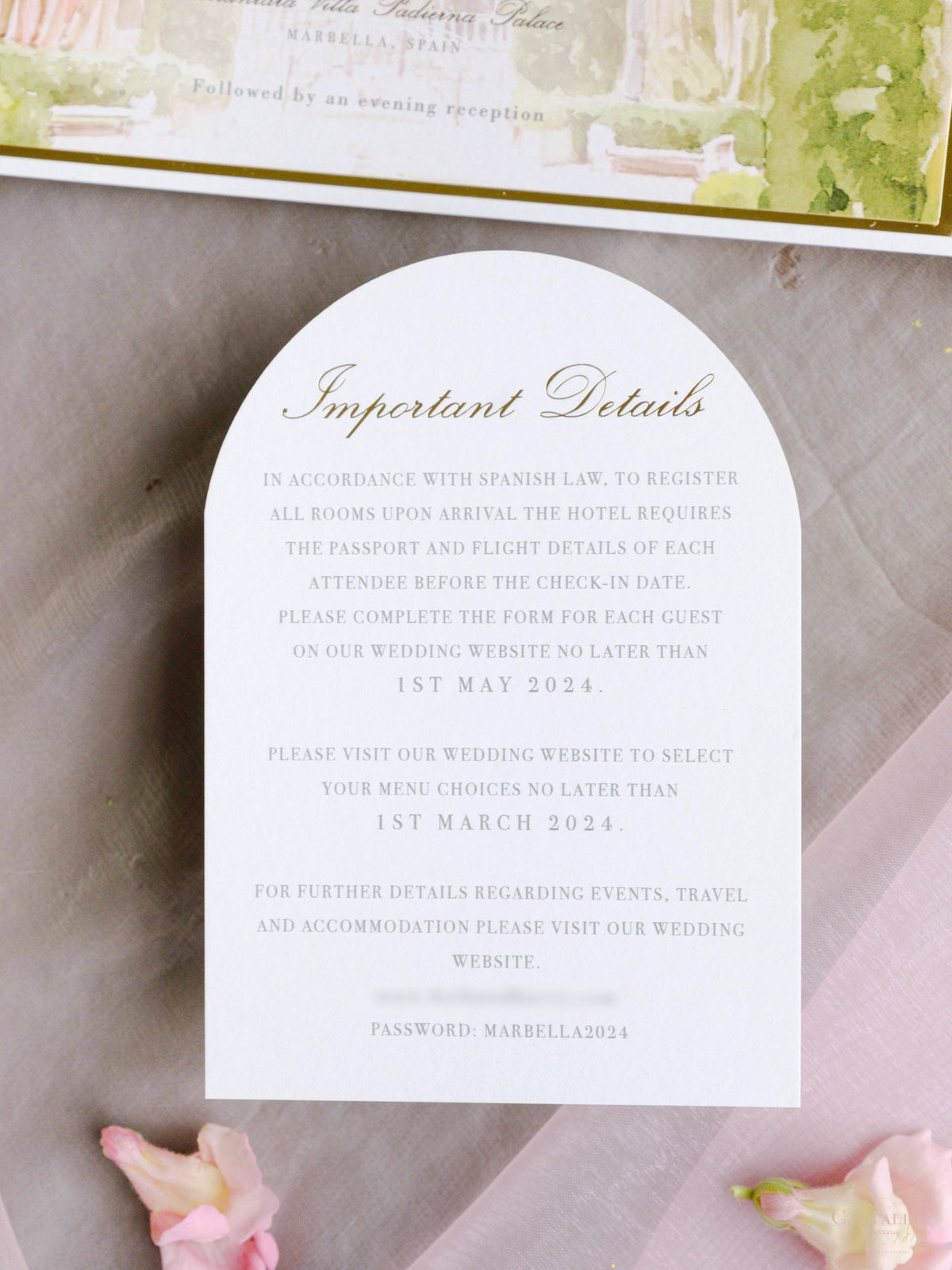Luxury Wedding Invitation Suite with Watercolour Venue and Gold Foil | Villa Padierna Palace Marbella | Bespoke Commission for B&H
