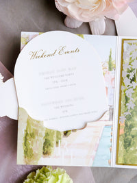 Luxury Wedding Invitation Suite with Watercolour Venue and Gold Foil | Villa Padierna Palace Marbella | Bespoke Commission for B&H