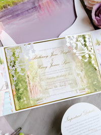 Luxury Wedding Invitation Suite with Watercolour Venue and Gold Foil | Villa Padierna Palace Marbella | Bespoke Commission for B&H