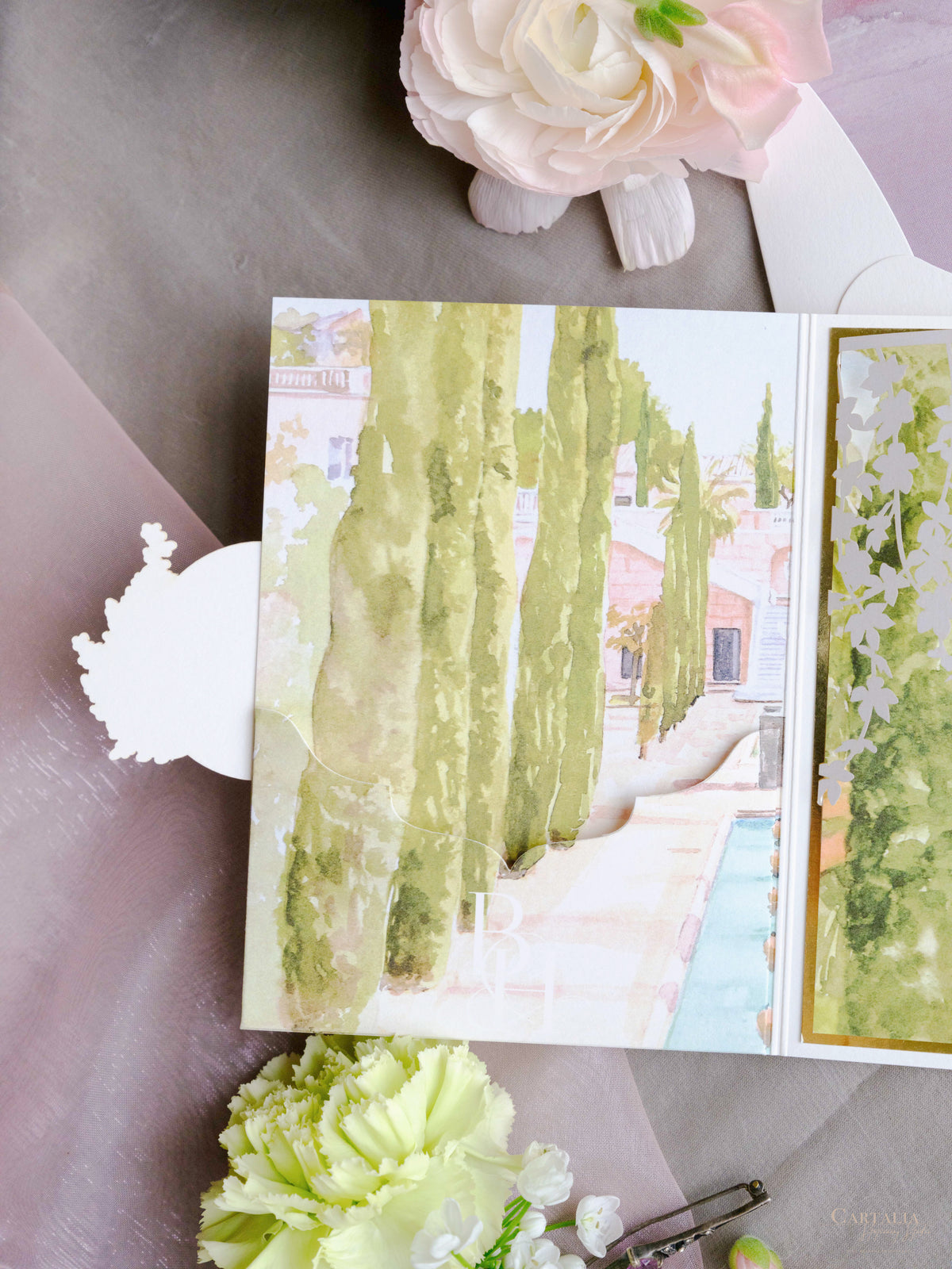 Luxury Wedding Invitation Suite with Watercolour Venue and Gold Foil | Villa Padierna Palace Marbella | Bespoke Commission for B&H
