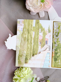 Luxury Wedding Invitation Suite with Watercolour Venue and Gold Foil | Villa Padierna Palace Marbella | Bespoke Commission for B&H