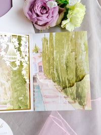 Luxury Wedding Invitation Suite with Watercolour Venue and Gold Foil | Villa Padierna Palace Marbella | Bespoke Commission for B&H