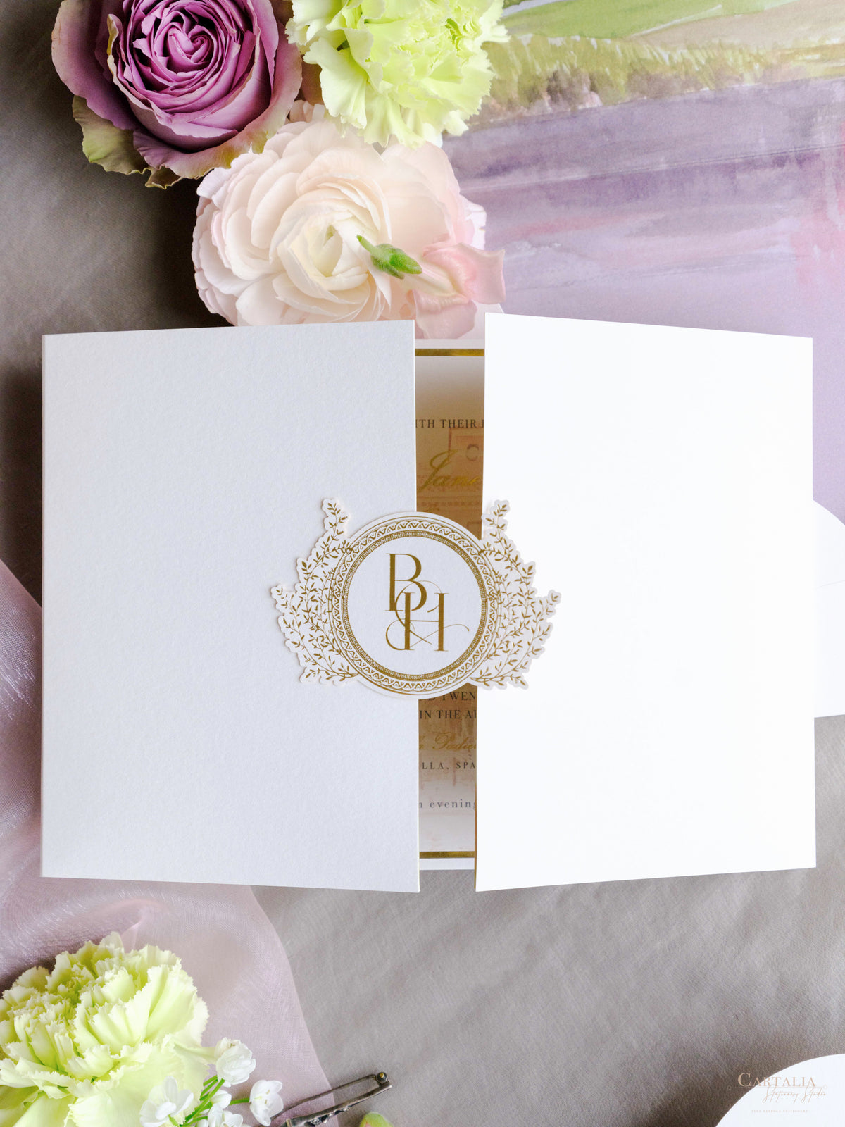 Luxury Wedding Invitation Suite with Watercolour Venue and Gold Foil | Villa Padierna Palace Marbella | Bespoke Commission for B&H