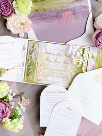 Luxury Wedding Invitation Suite with Watercolour Venue and Gold Foil | Villa Padierna Palace Marbella | Bespoke Commission for B&H