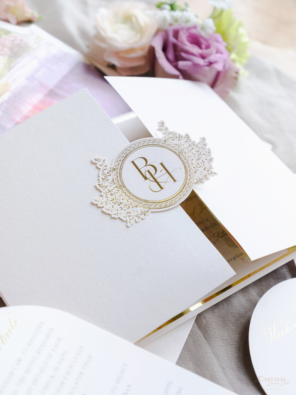 Luxury Wedding Invitation Suite with Watercolour Venue and Gold Foil | Villa Padierna Palace Marbella | Bespoke Commission for B&H