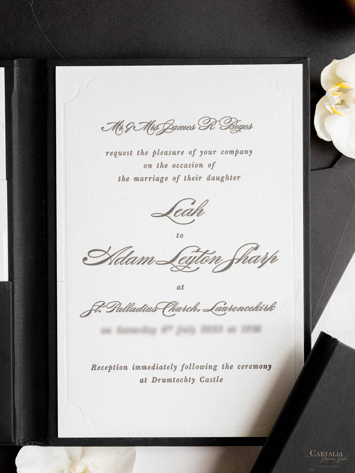 Black Hardcover Booklet Day Invitation with Embossed Monogram & Letterpress | Bespoke Commission L&A