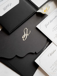Black Hardcover Booklet Day Invitation with Embossed Monogram & Letterpress | Bespoke Commission L&A