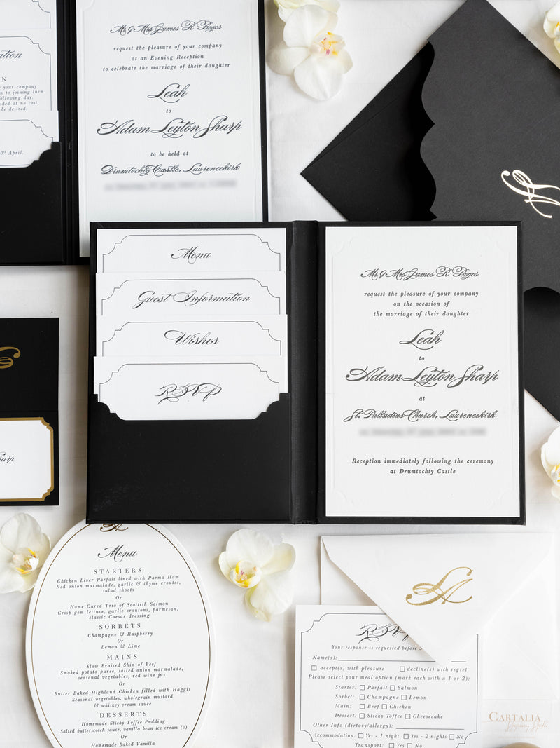 Black Hardcover Booklet Suite with Embossed Monogram & Letterpress | B ...
