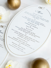 Menú Plato Ovalado | Menú de cena de lujo laminado y tipográfico en tarjeta premium gruesa de 710 g/m²