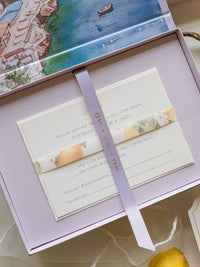Bespoke Taormina Wedding Lilac Invitation Box,  Watercolour Illustrations & Gold Foil