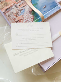 Bespoke Taormina Wedding Lilac Invitation Box,  Watercolour Illustrations & Gold Foil