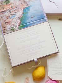 Bespoke Taormina Wedding Lilac Invitation Box,  Watercolour Illustrations & Gold Foil