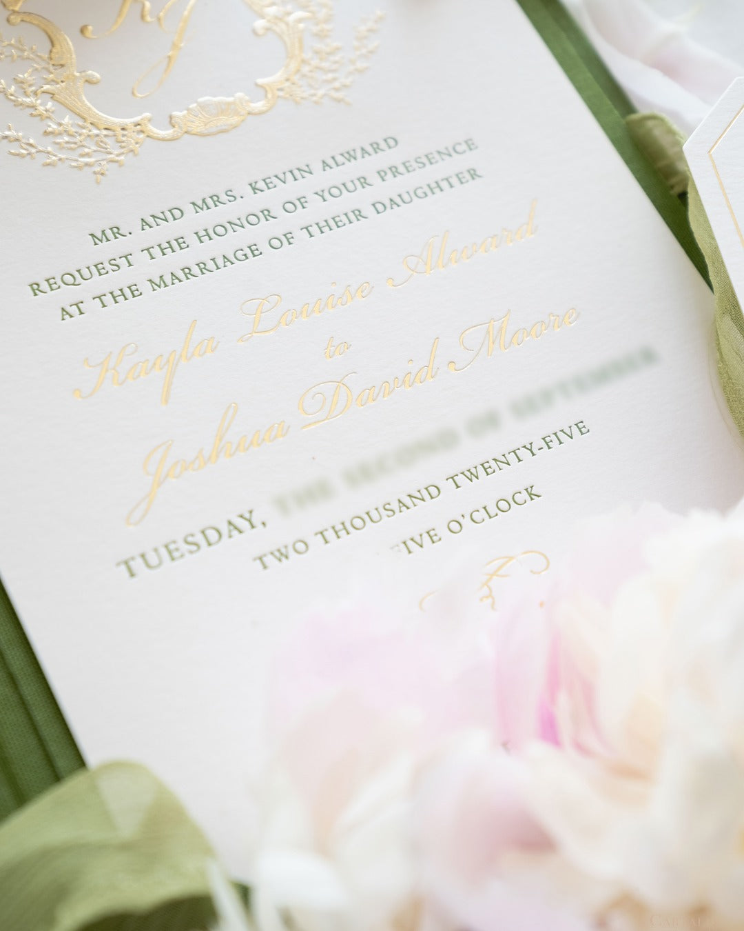 Green Luxury Linen Hard Back Folio Invitation with Gold Foil, Embossing & Letterpress Finishes |  Watercolour of Villa Pizzo, Lake Como, Italy