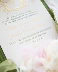 Green Luxury Linen Hard Back Folio Invitation with Gold Foil, Embossing & Letterpress Finishes |  Watercolour of Villa Pizzo, Lake Como, Italy