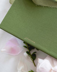 Green Luxury Linen Hard Back Folio Invitation with Gold Foil, Embossing & Letterpress Finishes |  Watercolour of Villa Pizzo, Lake Como, Italy