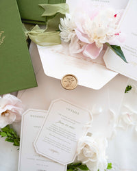 Green Luxury Linen Hard Back Folio Invitation with Gold Foil, Embossing & Letterpress Finishes |  Watercolour of Villa Pizzo, Lake Como, Italy
