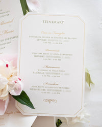 Green Luxury Linen Hard Back Folio Invitation with Gold Foil, Embossing & Letterpress Finishes |  Watercolour of Villa Pizzo, Lake Como, Italy