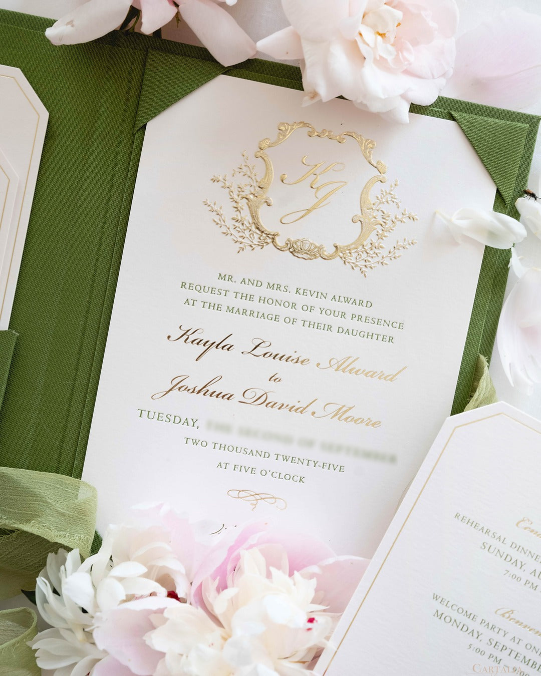Green Luxury Linen Hard Back Folio Invitation with Gold Foil, Embossing & Letterpress Finishes |  Watercolour of Villa Pizzo, Lake Como, Italy