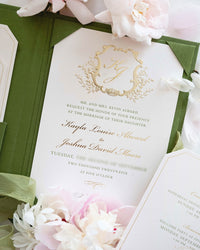 Green Luxury Linen Hard Back Folio Invitation with Gold Foil, Embossing & Letterpress Finishes |  Watercolour of Villa Pizzo, Lake Como, Italy