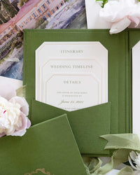 Green Luxury Linen Hard Back Folio Invitation with Gold Foil, Embossing & Letterpress Finishes |  Watercolour of Villa Pizzo, Lake Como, Italy