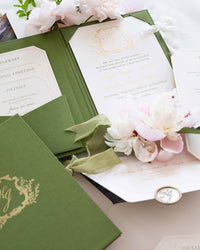Green Luxury Linen Hard Back Folio Invitation with Gold Foil, Embossing & Letterpress Finishes |  Watercolour of Villa Pizzo, Lake Como, Italy