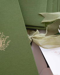 Green Luxury Linen Hard Back Folio Invitation with Gold Foil, Embossing & Letterpress Finishes |  Watercolour of Villa Pizzo, Lake Como, Italy