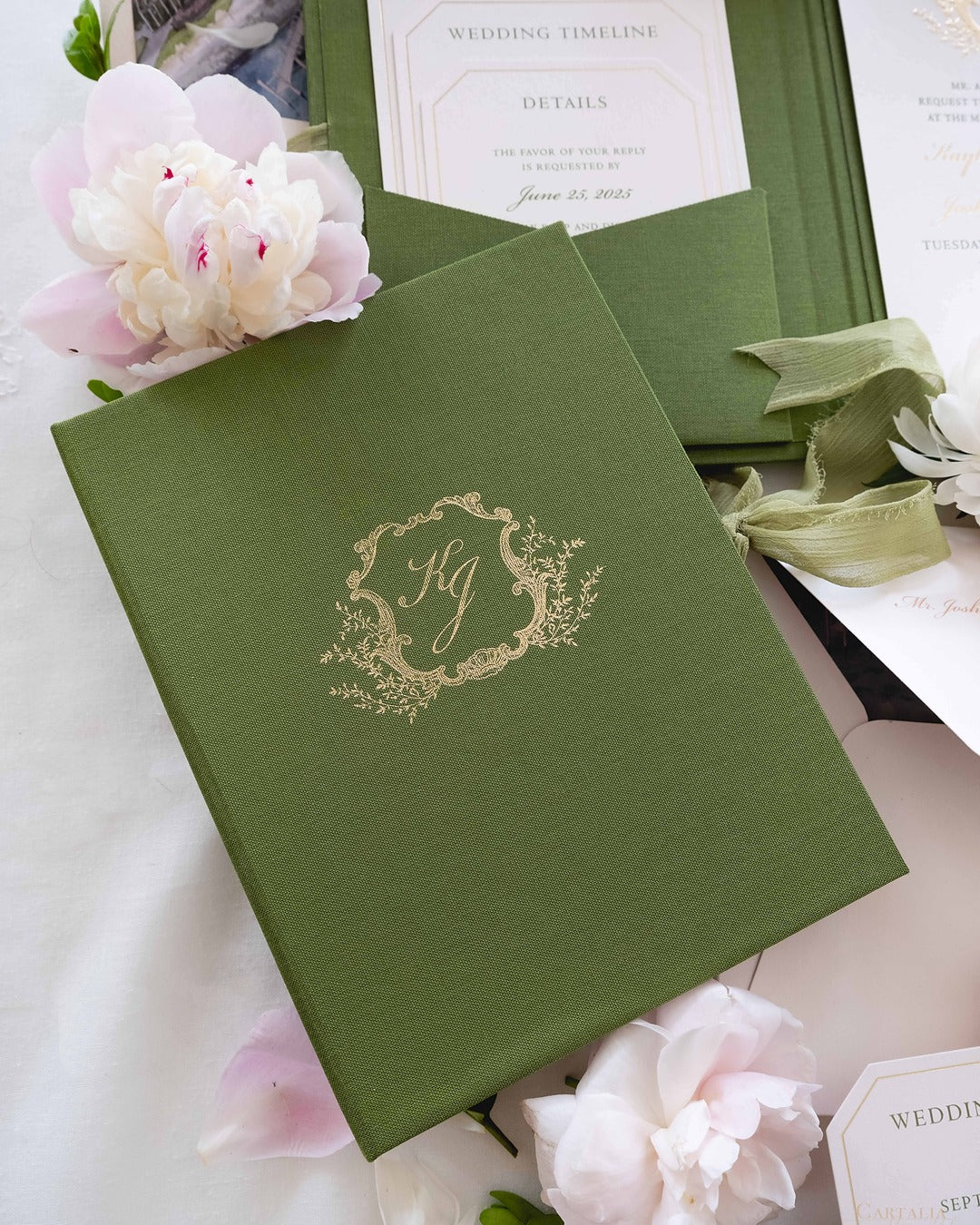 Green Luxury Linen Hard Back Folio Invitation with Gold Foil, Embossing & Letterpress Finishes |  Watercolour of Villa Pizzo, Lake Como, Italy