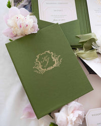 Green Luxury Linen Hard Back Folio Invitation with Gold Foil, Embossing & Letterpress Finishes |  Watercolour of Villa Pizzo, Lake Como, Italy