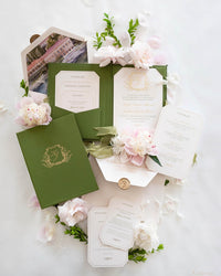 Green Luxury Linen Hard Back Folio Invitation with Gold Foil, Embossing & Letterpress Finishes |  Watercolour of Villa Pizzo, Lake Como, Italy
