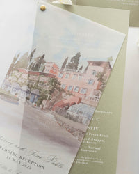 Sage Green Menu with a Vellum Cover with Custom Venue and a Gold Plexi Place Card | Villa le Fontanelle | Florence, Italy
