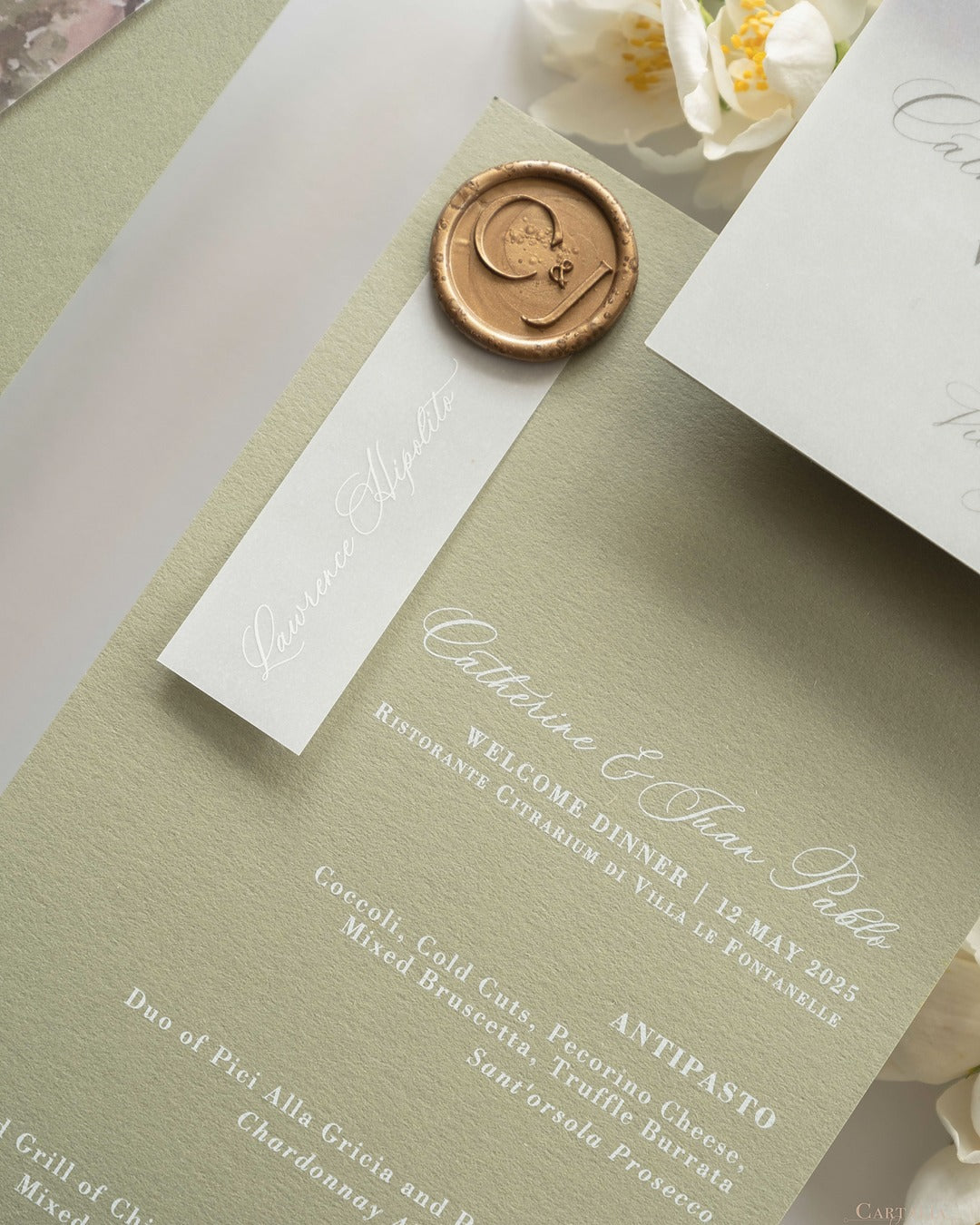 Sage Green Wedding Menu Cards with Guest Names & a Bespoke Wax Seal