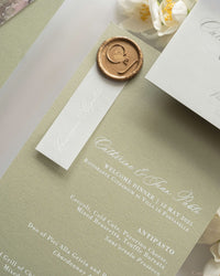 Sage Green Wedding Menu Cards with Guest Names & a Bespoke Wax Seal