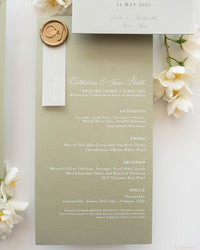 Sage Green Wedding Menu Cards with Guest Names & a Bespoke Wax Seal