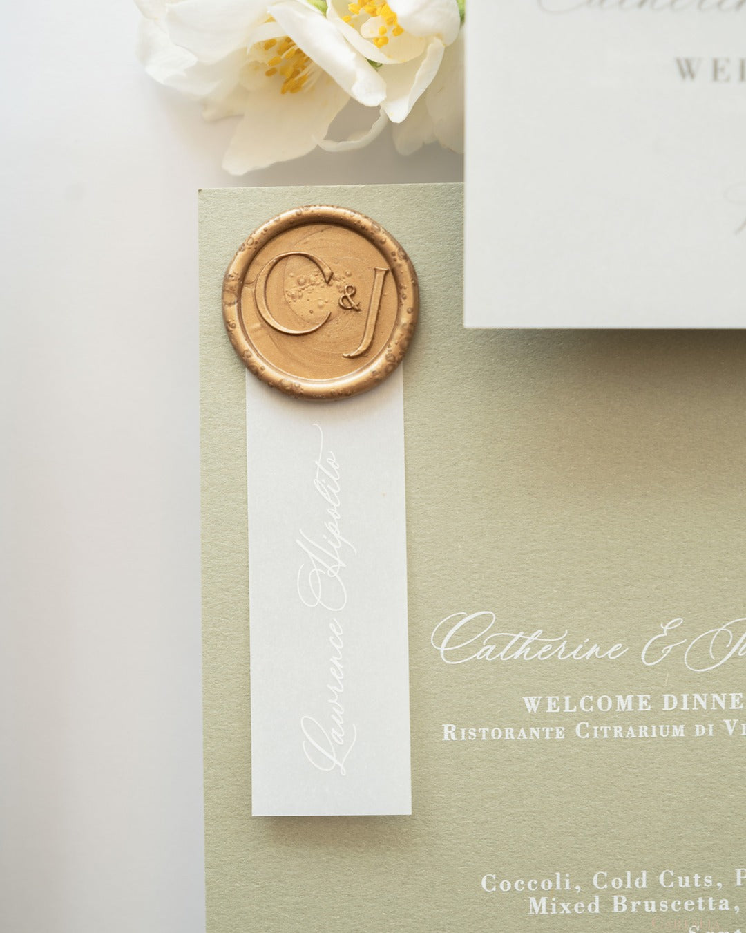 Sage Green Wedding Menu Cards with Guest Names & a Bespoke Wax Seal
