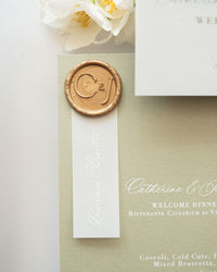 Sage Green Wedding Menu Cards with Guest Names & a Bespoke Wax Seal